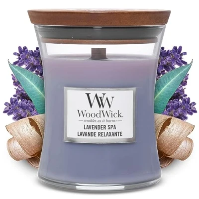 Obrázek Millefiori WoodWick mittelgroße Duftkerze im Sanduhrglas mit knisterndem Docht, Lavender Spa, bis zu 60 Stunden Brenndauer