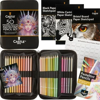 Obrázek Castle Art Supplies 48dílná sada pastelových tužek s doplňky barvy jemných, sytých odstínů pro profesionální a zkušené umělce přehledné, robustní pouzdro na zip