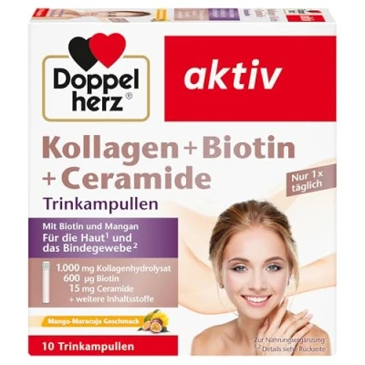 Obrázek Doppelherz Kolagen + biotin ceramidy biotin, vitamin B2, niacin a zinek podporují zachování normální pokožky 10 ampulí na pití s příchutí mango maracuja