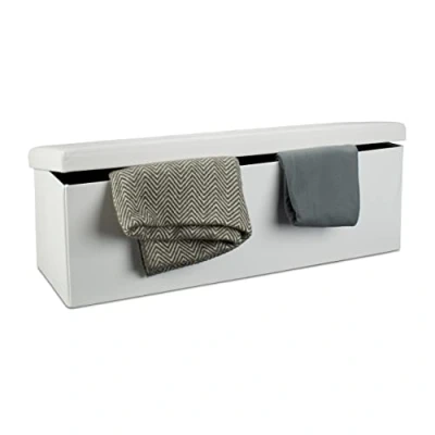 Obrázek Relaxdays Skládací lavice VxŠxH 38 x 114 cm, XL umělá kůže sedací truhla, úložný box s úložným prostorem, bílá