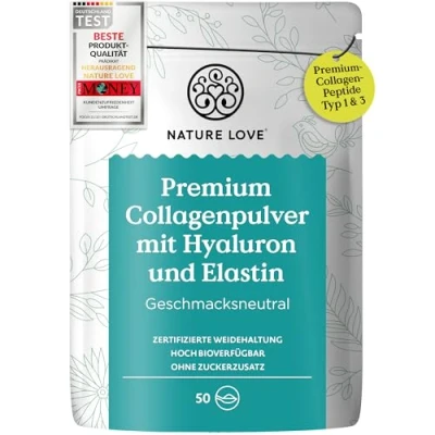 Obrázek NATURE LOVE® Prémiový kolagenový prášek s kyselinou hyaluronovou a elastinem 500 g kolagenu peptidy typu 1 3 chuťově neutrální kolagen skotu z pastvin laboratorně testováno