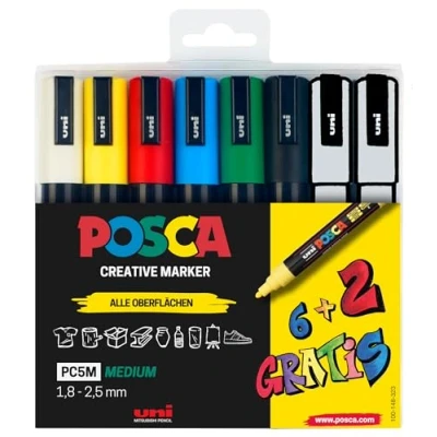 Obrázek Faber Castell uni ball 186826 POSCA sada zvýrazňovačů, 8dílná akrylových tužek PC 5M, 1. 8 2. 5 mm, 6 standardních barev + 2 střídavé speciální barvy