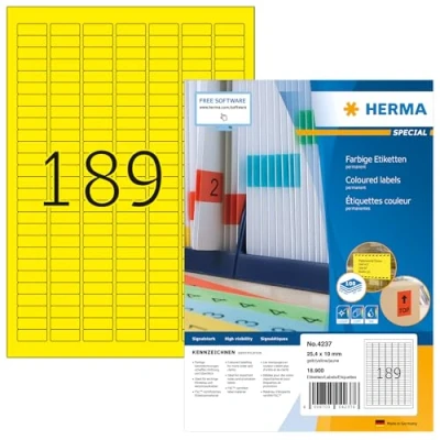 Obrázek HERMA 4237 barevné etikety žluté, 100 listů, 25,4 x 10 mm, 189 na arch A4, 18900 kusů, samolepicí, potištěné, matné, prázdné papírové štítky