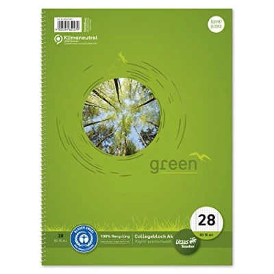 Obrázek Staufen Green Collegeblock DIN A4, linkování 28 (5 mm čtverečkovaný s okrajovými liniemi), 80 listů, 4násobné děrování, prémiový bílý recyklovaný papír 70 g/m², 1 kus