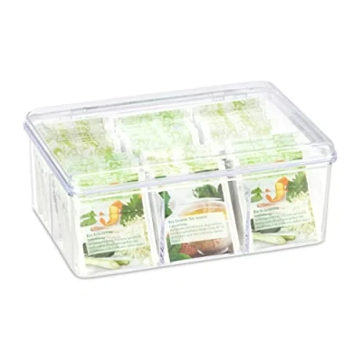 Obrázek Relaxdays Krabička na čaj, 6 přihrádek, 90 čajových sáčků, dóza čaj se sklápěcím víčkem, ochrana aroma, V x Š H 9 21,5 14,5 cm, transparentní