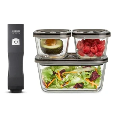 Obrázek CASO Sada Vacu OneTouch Eco, ruční vakuovačka vč. 3 vakuových nádob ze skla, 10 sáčků se zipem a samolepky Food Manager, bezdrátová, výdrž až 150 minut, nabíjecí, černá