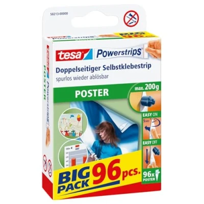 Obrázek tesa Powerstrips POSTER Big Pack Oboustranné lepicí pásky na plakáty a samolepicí beze stopy odstranitelné přídržný výkon až 200 g 96 kusů