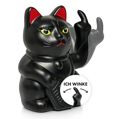 Obrázek ANGRY CAT Vtipná mávající kočka Lucky veselá japonská mrkací se stinkefingem dekorační předmět kývající figurka rameno prostředníčkem 15 cm