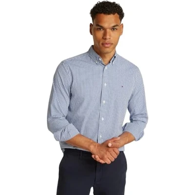 Obrázek Tommy Hilfiger Herren Hemd Flex Poplin Gingham Regular Fit, Mehrfarbig (Wedge Blue / Optic White), L