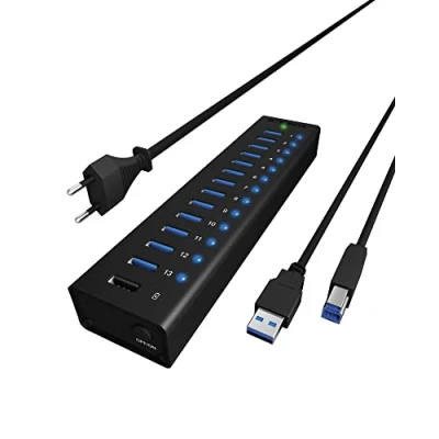 Obrázek ICY Box IB AC6113 13násobný USB 3. 0 hub s napájecím adaptérem 12 V / 5 A, hliníkovým pouzdrem a nabíjecím portem černý, 13x + 1x nabíjení
