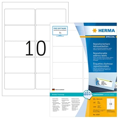 Obrázek HERMA 10307 univerzální etikety odstranitelné, 100 listů, 96 x 50,8 mm, 10 na arch A4, 1000 kusů, samolepicí, potisknutelné, matné, prázdné papírové lepicí samolepky, bílé