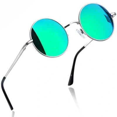 Obrázek Joopin Retro kulaté sluneční brýle pánské polarizované vintage steampunk dámské Hippie UV400 ochrana s kovovým rámem, A02 stříbrný zelený zrcadlový, Jednotná velikost