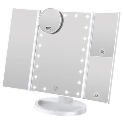 Obrázek WEILY 3 strany kosmetického zrcadla s 21 LED osvětlením, 1x / 2X 3x zvětšení, dotykový spínač, stmívatelné make up zrcátko, stolní zrcátko 180 stupňů volně otočné nabíjecí na