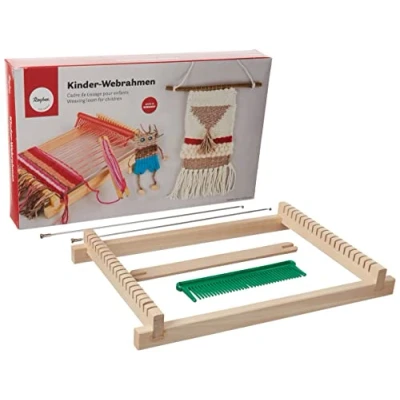 Obrázek Rayher DIY dřevěný dětský tkalcovský rám, šířka tkaní 16,5 cm, školní rám pro děti, dospělé, vč. tkalcovských lodí, webový hřeben s příslušenstvím, a tvoření, 7202200, přírodní,