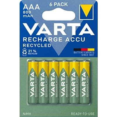 Obrázek VARTA Baterie AAA, nabíjecí, 6 kusů, akumulátor Recharge Recycled, akumulátor, 800 mAh Ni Mh, z 21 % recyklovaného materiálu, přednabitý, okamžitě připravený k použití
