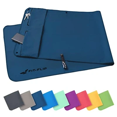 Obrázek Fit Flip fitness ručník s magnetem a kapsou na zip do posilovny z mikrovlákna pro sport kompaktní rychle schnoucí sportovní studia námořnická modrá 130