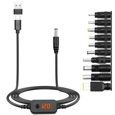 Obrázek Hoembpn USB C PD k DC adaptérovému kabelu [5V/9V/12V/15V/20V nastavitelný] s 10 konektory + adaptérem kompatibilní notebookem, routerem, monitorem, kamerou 5,5 x 2,1 mm zástrčka 1,2 m