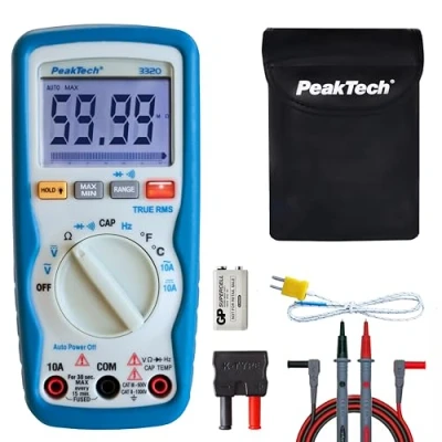 Obrázek PeakTech 3320 digitální multimetr s TrueRMS, 10 A AC/DC, 6. 000 počitadlo, přenosný multimetr, voltmetr, auto oranžová, zkoušečka průchodnosti, napájení, ukládání dat, LCD displej CAT III 600 V