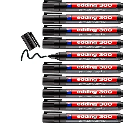 Obrázek edding 300 permanentních popisovačů černé 10 tužek kulatý hrot 1,5 3 mm voděodolný, rychle schnoucí odolný proti rozmazání na karton, plast, sklo, dřevo, kov, sklo