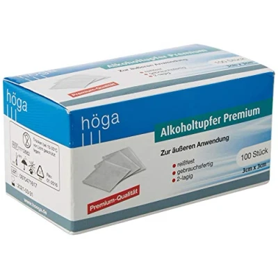 Obrázek Höga Pharm alkoholové tampony Premium, pro vnější použití, odolné proti roztržení, připravené k 2vrstvé, 1 balení (1 x 100 kusů)