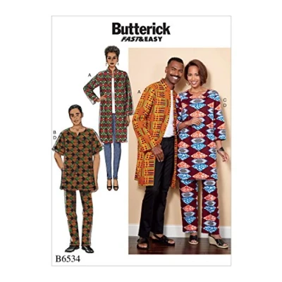 Obrázek Butterick Patterns 6534XM Muster 6534 XM, Damen /Herren Mantel, Tunika und Hose, Größen S L, Tissue, mehrfarbig, 17 x 0.5 22 cm