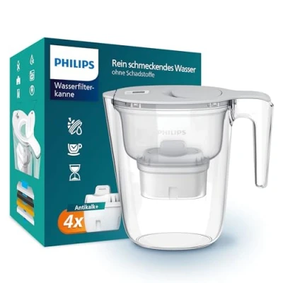 Obrázek Konvice na vodní filtr Philips + 4 SOFTENING+ náhradní filtrační kartuše, redukce až 50% tvrdosti vody, rychlý průtok, bílý, 2,6 litru, elektronický časovač