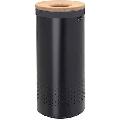 Obrázek Brabantia Wäschekorb Quick Drop Öffnung Perfekt sitzenden Baumwollwäschesack Korrosionsfrei Mit Belüftungslöcher Korkdeckel Wäschesammler Matt Black 35 L