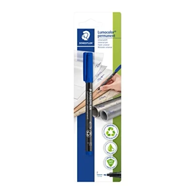Obrázek STAEDTLER permanentní zvýrazňovač Lumocolor, modrý, špička šířka čáry cca 0,6 mm, odolný proti rozmazání a vodě, Made in Germany, doplňovatelný, dlouhá životnost, 1 univerzální tužka na blistrové