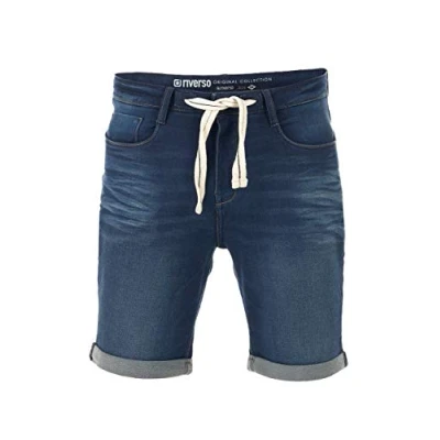 Obrázek riverso Džínové šortky pánské strečové krátké šňůrky Regular Fit RIVPaul kalhoty bermudy letní Denim jednobarevné černé modré šedé 30 31 32 33 34 36 38 40 42 44 46, Dark Blue (D147