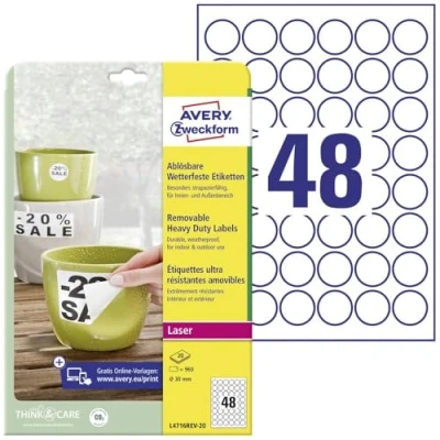 Obrázek AVERY Zweckform L4716REV 20 fólie odolné proti povětrnostním vlivům (960 nálepek, Ø 30 mm na A4, samolepicí, voděodolné, znovu odstranitelné, odolné, potištěná venkovní lepicí fólie) listů, bílá