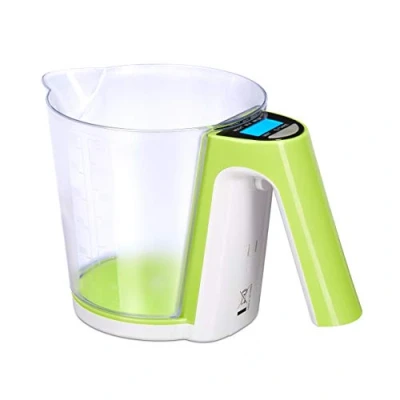 Obrázek Relaxdays Odměrka s váhou, odnímatelná odměrka, váha, měření, různé měrné jednotky, tara, b, 1,2 l, čirá, zelená
