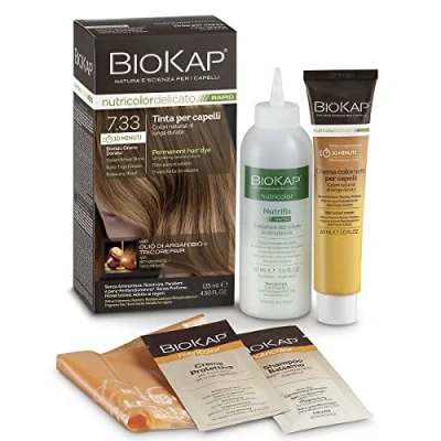 Obrázek BIOKAP RAPID permanentní barva na vlasy 7. 33 zlatá pšeničná blond POUZE 10 minut působení bio arganový olej TricoREPAIR komplex VEGAN optimální zakrytí šedin až 80 % přírodních složek