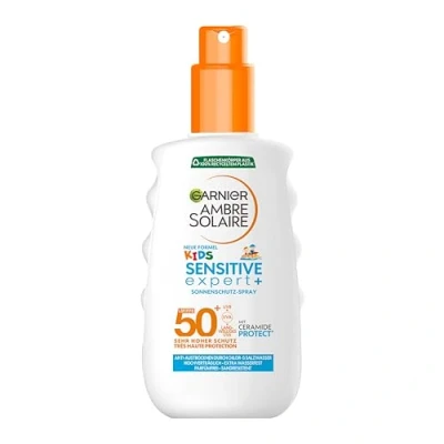 Obrázek Garnier Opalovací krém LSF 50+ pro děti, voděodolný a odolný proti písku, Ambre Solaire Kids Sensitive expert+ sprej slunci 1 x 150 ml