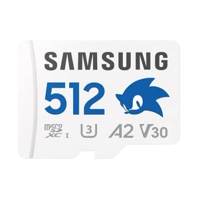 Obrázek Samsung karta Sonic the Hedgehog(TM) microSD + SD adaptér, paměťová s 512 GB, UHS I U3, Full HD a 4K UHD, čtení 180 MB/s, 130 MB/s zápis, paměť dat pro ruční konzole, MB MD512SA/LC1