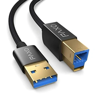 Obrázek PAXO 3m USB A kabel tiskárny, 3.2 Gen2 s 10 Gbit/s (1,25 GByte/s), přenosová rychlost, konektor na B, nabíjecí kabel, datový černý