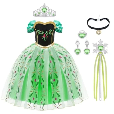 Obrázek URAQT Dívčí kostým šaty, dětský princezny na karneval party Cosplay oblečení Halloween svátek narozeniny, s příslušenstvím korunka kouzelná hůlka, Zelená