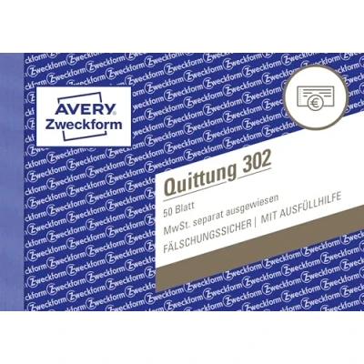 Obrázek AVERY Zweckform 302 blok stvrzenek (A6 na šířku, 50 listů, zabezpečený proti falšování, samostatně uvedená DPH, pro Německo a Rakousko) bílý