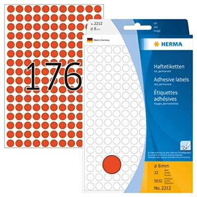 Obrázek HERMA 2212 bodová nálepka lepicí tečky červená, 5632 kusů, Ø 8 mm, 176 na jeden arch, samolepicí, označovací body pro kalendáře, plánovače, kutilství, matné, prázdné papírové barevné