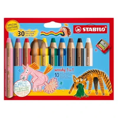 Obrázek STABILO Pastelka, vodová barva a voskovka woody 3 v 1 Narozeninová edice 10 ks balení s ořezávátkem barev