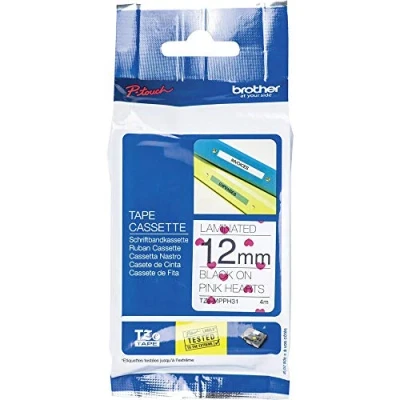 Obrázek Brother Originální P touch páska TZe MPPH31 (12 mm široká, mj. pro H100LB/R, H105, H200, E100/VP, D200/BW/VP, D210/VP, 4 m dlouhá, laminovaná) černá na růžovém srdci