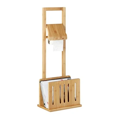 Obrázek Relaxdays Držák toaletního papíru se stojanem na noviny, bambus, stojací WC souprava, odkládací plocha V Š x H 81,5 30,5 21 cm, přírodní
