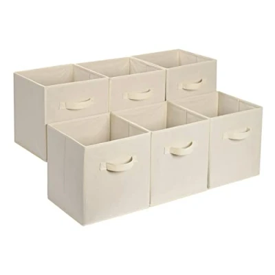 Obrázek Amazon Basics Skládací úložná kostka/organizér z látky s úchyty, 33 cm x cm, béžová, 6 kusů, jednobarevná béžová