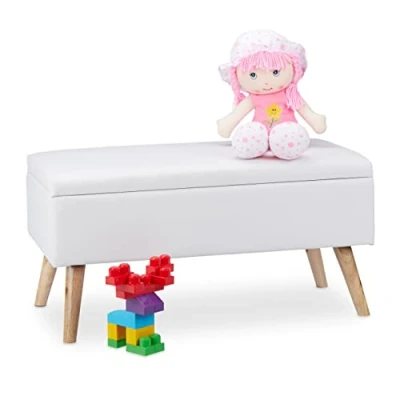 Obrázek Relaxdays lavice s úložným prostorem, 40 l, polstrovaná, dřevěné nohy, truhla umělá kůže, V x Š H: 80 39,5 cm, bílá, velikost