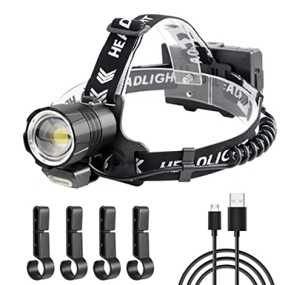 Obrázek WholeFire 13000 Lumens LED čelovka Super jasná USB dobíjecí, XHP90 Zoomable 4 režimy lampa na hlavu s COB světlem a ukazatelem výkonu &amp; funkce Power Bank pro kempování nouzové případy