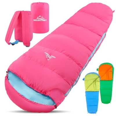 Obrázek MOUNTREX® Dětský spací pytel přenosný jako batoh pro děti (175 x 70 45 cm) outdoor, cestování, stanování, kempování mumie lehký a kompaktní vnitřní podšívka 100%