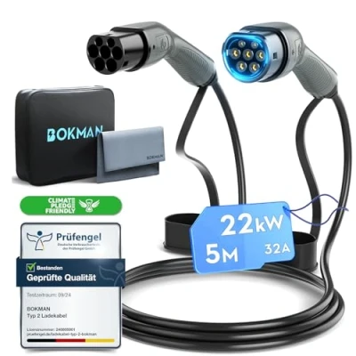 Obrázek bokman typ 2 nabíjecí kabel, režim 3 / 32A 22 kW 3fázový 5 metrů, na EV kabel pro elektrické auto s taškou a utěrkou z mikrovlákna