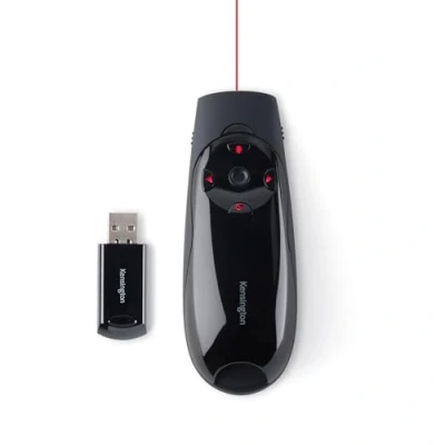 Obrázek Kensington bezdrátový Presenter s červeným laserem, 2,4 GHz USB Presenter, červený laserový ukazatel ovládáním kurzoru, pro PC a Mac, dálkové ovládání PowerPoint &amp; KeyNote, dosah 45 m, černý,
