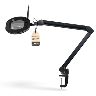 Obrázek Lumeno 8615SW lupa lampa na pracoviště s velkou oválnou čočkou 110 x 150 mm, 60 LED ve 2 stupních stmívatelná, perfektní jako pomůcka čtení, pro kosmetiku, pájení, 5 dioptrií, černá