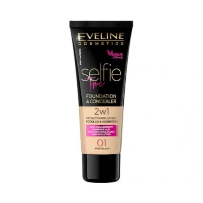 Obrázek Eveline Cosmetics Selfie Time 2 in 1 Foundation &amp; Concealer č. 03 vanilka, hydratační s kyselinou hyaluronovou a vitaminem E, receptura proti polluci, 30 ml