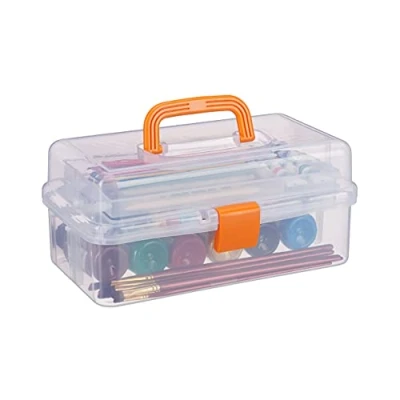 Obrázek Relaxdays Transparentní plastový box, 9 přihrádek, box na nářadí, šicí kufr v x š h: 14 33 19 cm, oranžový